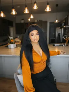 Synthetic Yaki Straight Headscarf Wig for Women, Long Curly Straight Hair with Band Half Wig, Full Machine Made 24 Inch Heat Resistant Fiber Wig