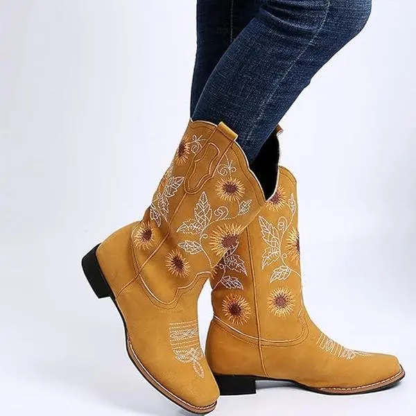 【TikTokShopBlackFriday】Western Cowgirl Boots for Women Black Embroidered Sunflower Mid Calf Square Toe Low Heel All Season Fashion Boots US 3-11.5 Botas