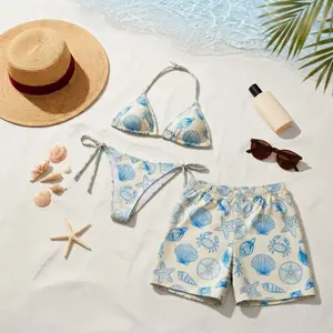 [HOT SUMMER 2026] Coastal Blue Seashell Matching Couple Swimwear Set – Bikini Set & Board Shorts, Ocean Starfish Crab Tropical Beach Vacation Outfit