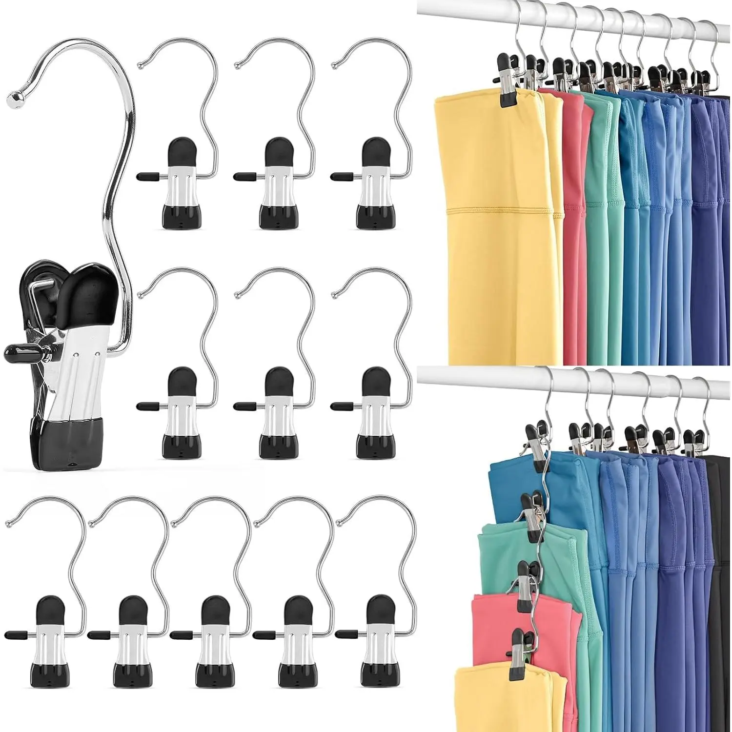 10-Pack Silver+Black Metal Legging Hangers with Metal Clips, Rubber-Coated Bulk Pack Wardrobe Organizer - Space-Saving Storage for Leggings, Yoga Pants