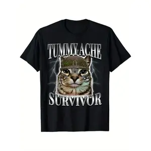 Funny Cat Sarcastic Humor T-Shirt - "Tummy Ache Survivor" Graphic with Military Cat Design, 100% Cotton Relaxed Fit Unisex Tee, Machine Washable, Cat Tshirt, Allseason Apparel, Humorous Graphic Tee, Comfortable Fit Shirt Clothes Menswear Casual Fashion