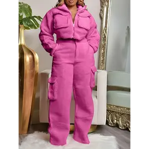 Sweat Set for Women 2pcs Fur Fuzzy Fleece Long Sleeve Zip Crop Jacket Cargo Pants Pockets Outfit