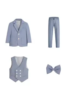 Boys' Blazer Suit Set Vest, Slim-Fitting Long Sleeve, Preppy Style, Pockets, Regular Length, Suitable for All Seasons, Wedding & Graduation Gifts