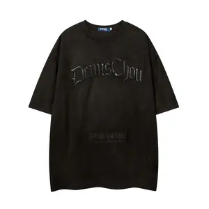 Men's Vintage-Inspired Embroidered Letter Patchwork T-Shirt - Casual, Loose Fit, Round Neck Short Sleeve Tee in Beige/Brown with "DENIM CHU" Detail for Summer
