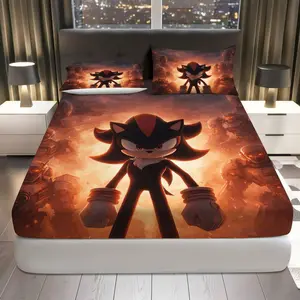 3Pcs Shadow Hedgehog Gaming Fitted Sheet Three Piece Set (1*Fitted Sheet+2*Pillowcases, Coreless), Gaming theme,  Character Bedding Set, Mattress Protector Soft, Breathable