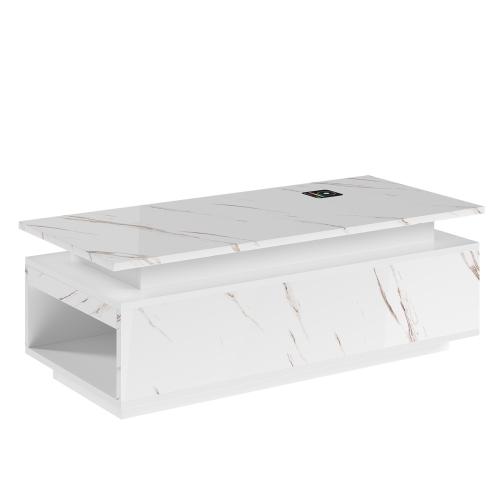 47" Modern Coffee Table with 24-Color LED with Wireless Charging, Bluetooth Speaker, and USB Ports, High Glossy Marble Coffee Table with Large Open 2-Tier Storage and Shelves for Living Room - White