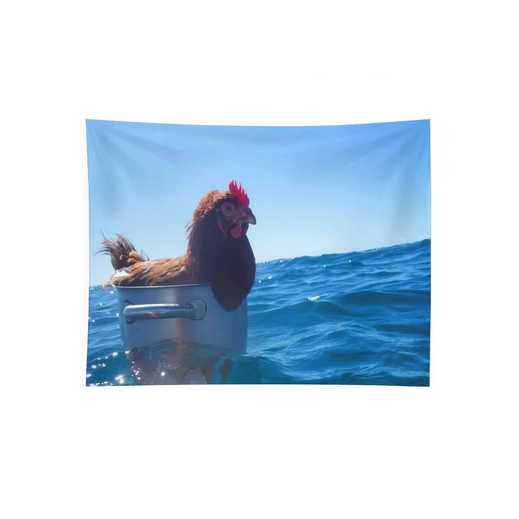 Funny Chicken at Sea Wall Tapestry, Hen in Cooking Pot Ocean Adventure Meme Farm Animal Bedroom Wall Decor