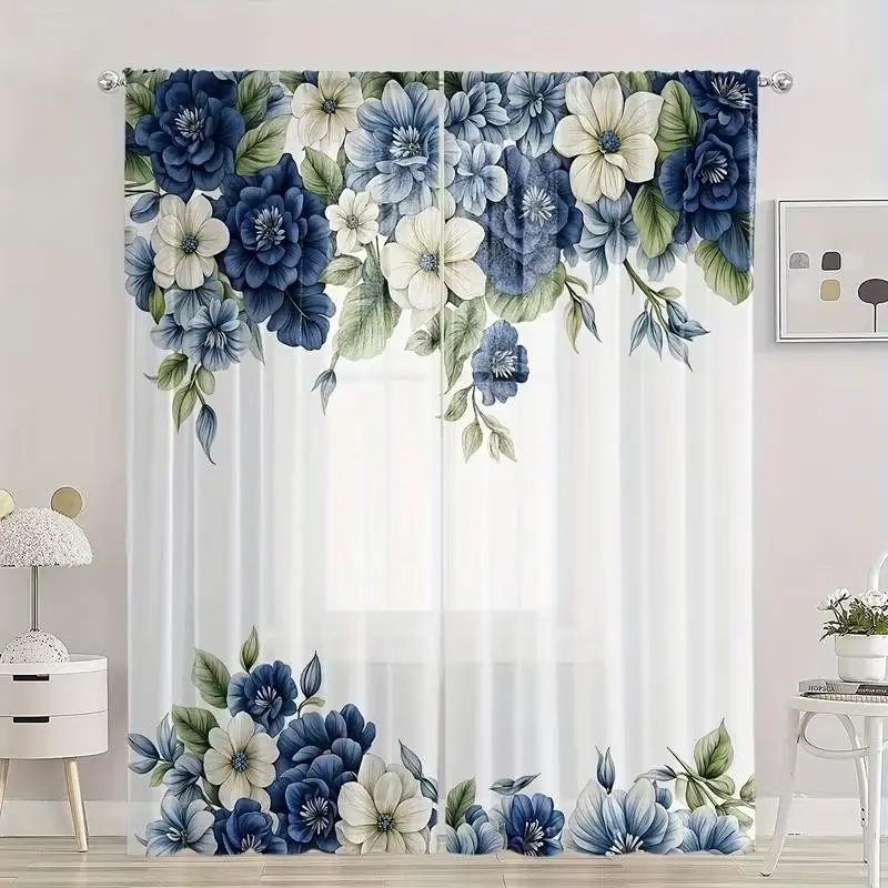 Elegant Blue Floral Print Curtains Set of 2, High-Quality Semi-Transparent Digital Print Home Textiles, Light Weight Drapes, Home Decorative Curtain, Home Decoration Curtain, Window Curtain, Lightweight Curtains, Curtains Sheer