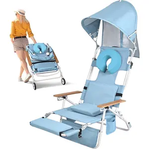 5-in-1 Beach Tanning Chair with Wheels & Canopy Shade & Face Hole& Foot Rest, Portable Folding Reclining Lay Flat Beach Lounger for Adults Reading Sunbathing Poolside| Patent Pending hammock gdy