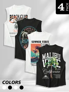 Men's 4 Pack Summer Beach Graphic Tank Tops, Malibu California Palm Tree Print Sleeveless Shirts, Casual Vacation Beach Club Tank Tops for Beach, Summer, Daily Wear #springsaledeals2026 #summeroutfits #tiktokshopmademebuyit #menfashion