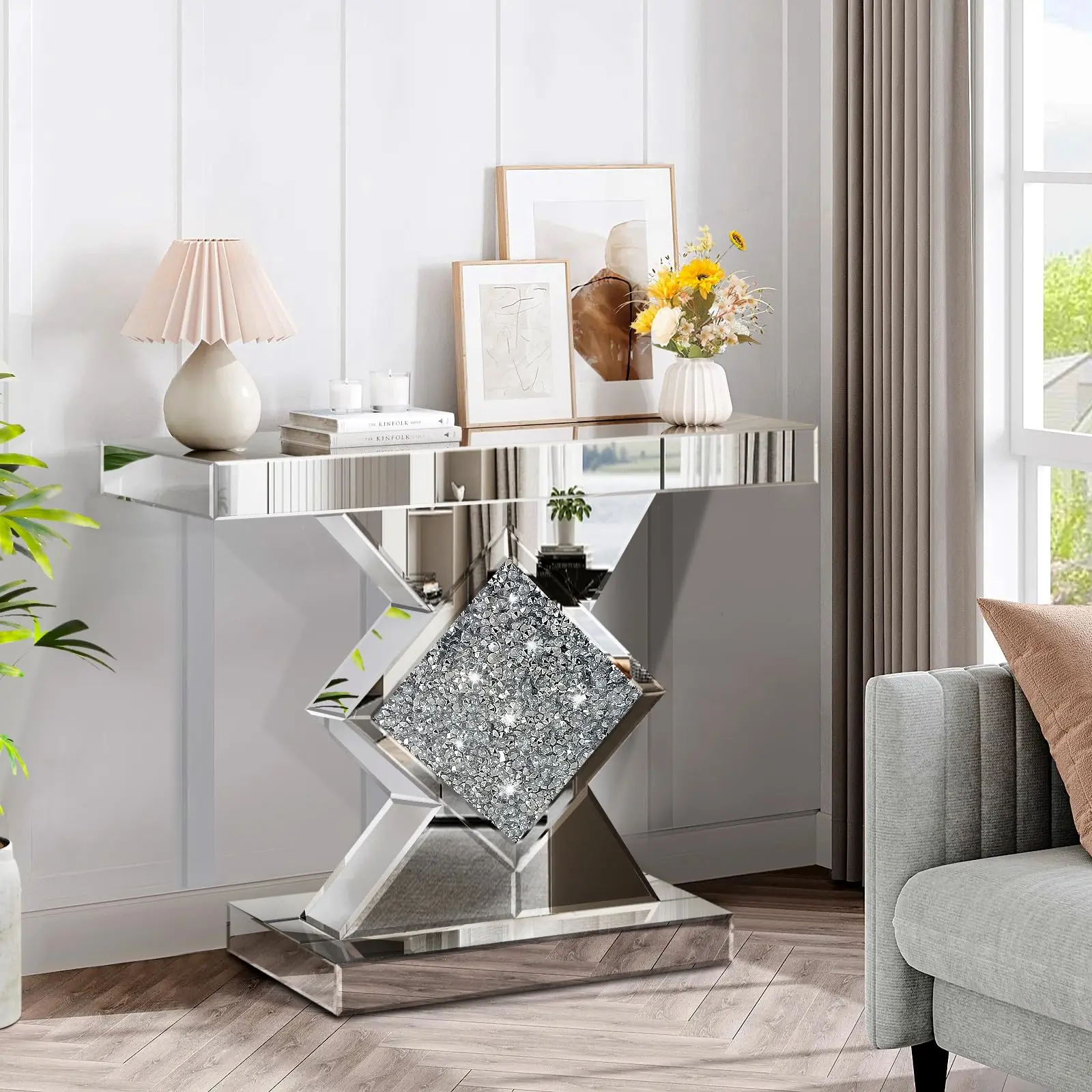 Silver Mirrored Modern Console Table with Crushed Diamond Inlay, 31.5in Glass Entryway Piece, Shiny Narrow Living Room Table for Hallway, Living Room Tables