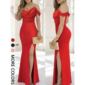 Women’s off-shoulder long dress with slit, ruched bodycon formal evening gown, Valentine’s Day, spring and fall casual style