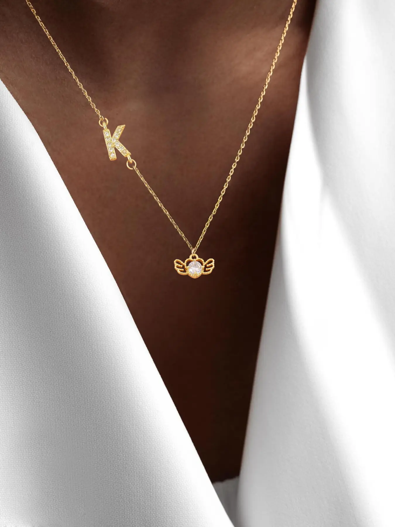 Women's Zirconia Initial Angel Wings Pendant Necklace, Stainless Steel Chain, Casual Fashion Jewelry for All Seasons
