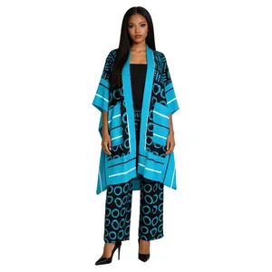 Ankara Kimono & Pants Set with Aso Oke Accent | African Print Two-Piece Outfit with Pockets