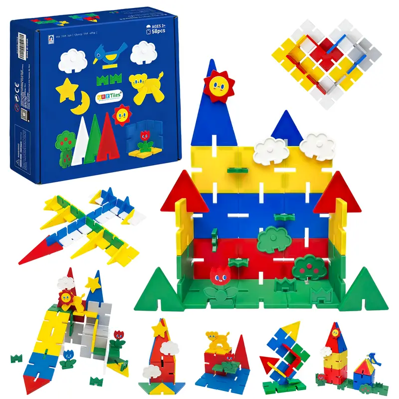 YRZtiles 58Pcs 2-in-1 Magnetic Tiles & Snap Buckle Building Blocks, STEM Open-Ended Learning Toy, Birthday & Preschool Gift for Boys Girls Ages 3-6 Years Old
