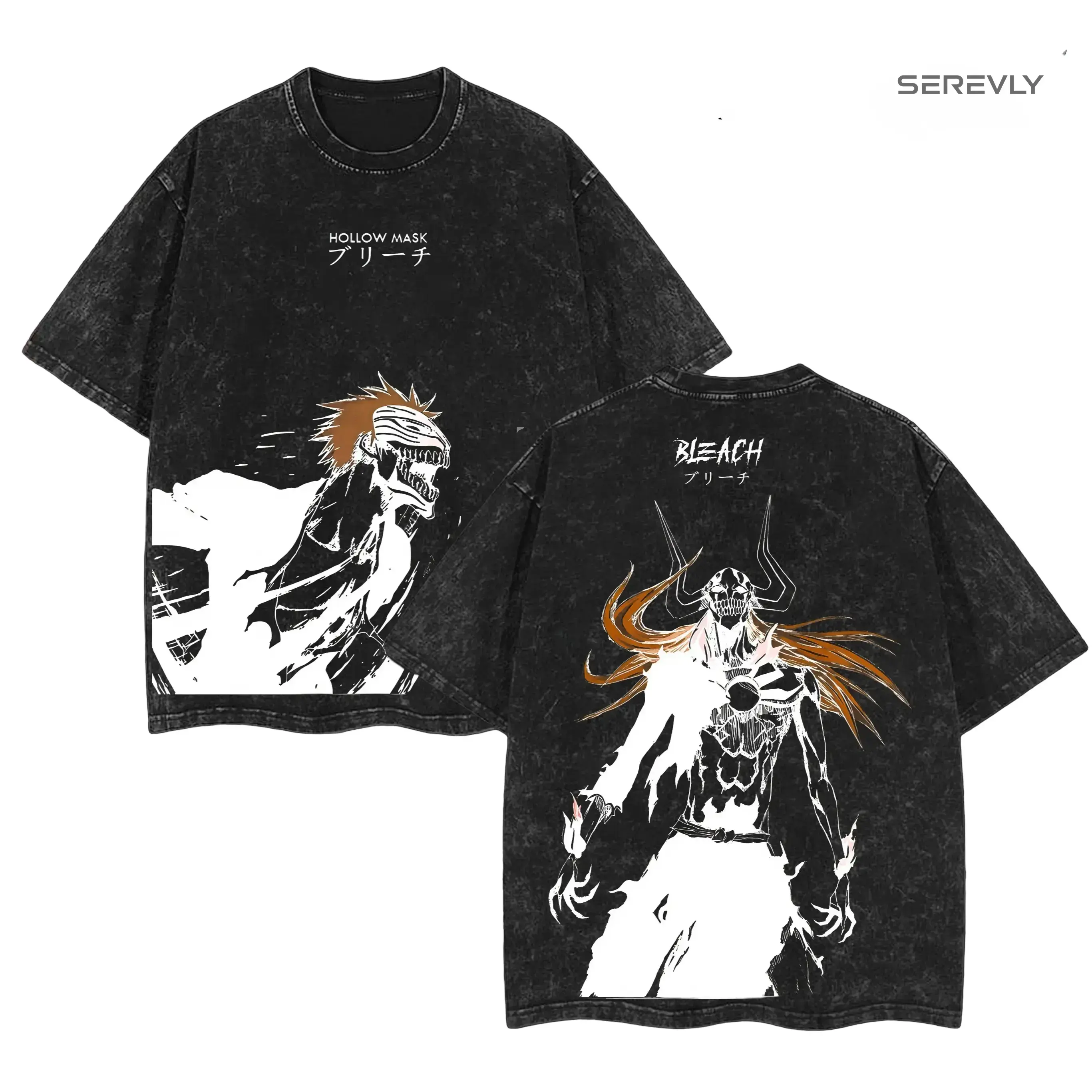 Men's Ichigo "Hollow Mark" Bleach Washed Tee - Double Printed Vintage Oversize Heavy Cotton Manga Unisex Streetwear Crewneck, Gift for Anime Fans, Stylish Casual Top T-Shirt Tropical Oversized Tshirt Menswear Black Short Sleeve