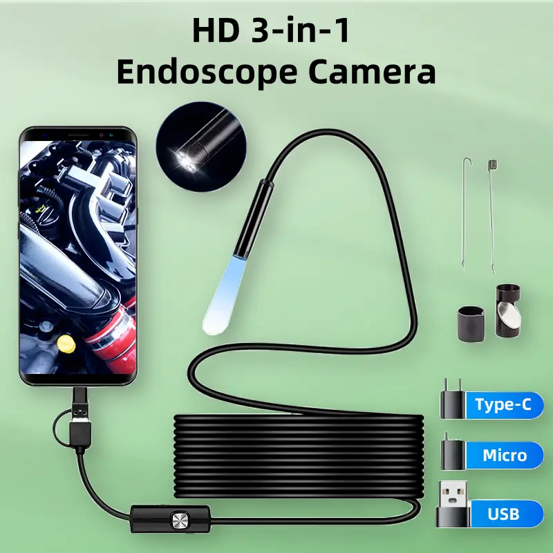 High-Definition LED Endoscope with Internal Camera Probe, Borescope Inspection Soft Cable - 3-in-1 Interface, Photo & Video Capabilities for Vehicle Repairs, Air-Conditioning Pipe Blind Spots (Home Improvement & Security Tool) For Auto Pipeline Inspection