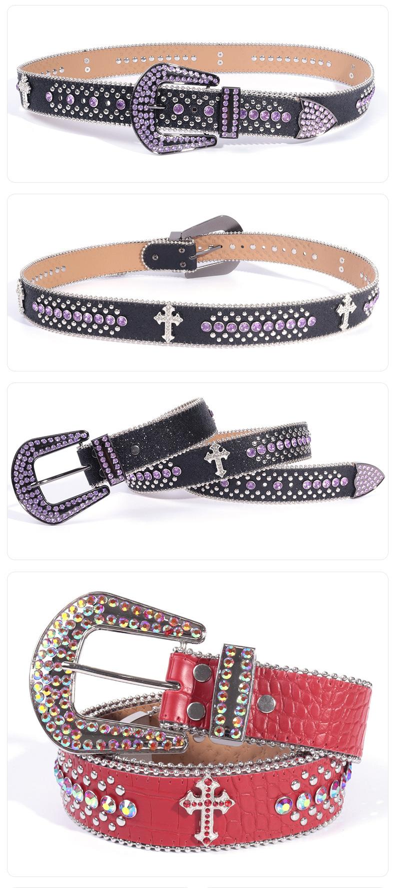 Unisex Crocodile Pattern Belt with Rhinestone Decorative Buckle Cross Pendant New Street Fashion Denim Belt Adjustable for Most Waist Sizes