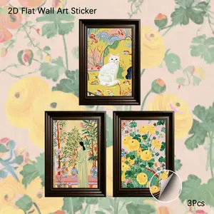 2D Flat Wall Art, 3Pcs PVC Self-Adhesive Framed Wallpaper Sticker, Vibrant Chinoiserie White Cat & Floral Wall Decals, Bright Yellow Tone Garden Aesthetic Decor for Living Room, Bedroom, Ideal for Art Lovers & Whimsical Fans