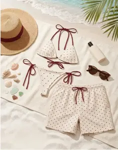 Red Polka Dot Couples Swimsuit Set – Triangle String Bikini for Women & Matching Men’s Mesh Swim Shorts | Romantic Beach Outfit