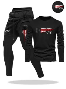 Men's Spring & Fall Casual Sportswear Set, Fitted Flag Print Pants + Round Neck Knit Long Sleeve Top, Outdoor Leisure, Track Suits, Tracksuit Sets
