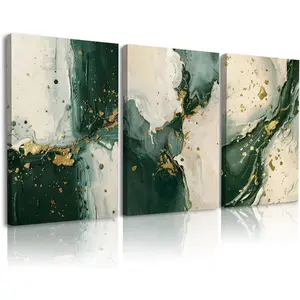 3pcs Emerald Green Wall Decor Living Room,Modern Green and Gold Marble Abstract Canvas Wall Art Painting Prints,Minimalist Framed Wall Art for Bedroom Office Home Decoration,Ready To Hang
