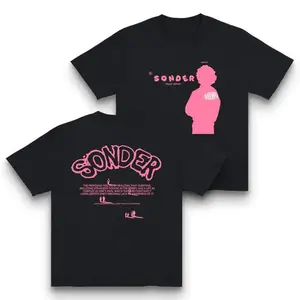 Bold Pink "Sonder" Lettering & Geometric Print Rap Shirt Casual Crewneck Streetwear Made In USA For Women For Men dark fantasy streetwear   graphic tee jesus  shirts