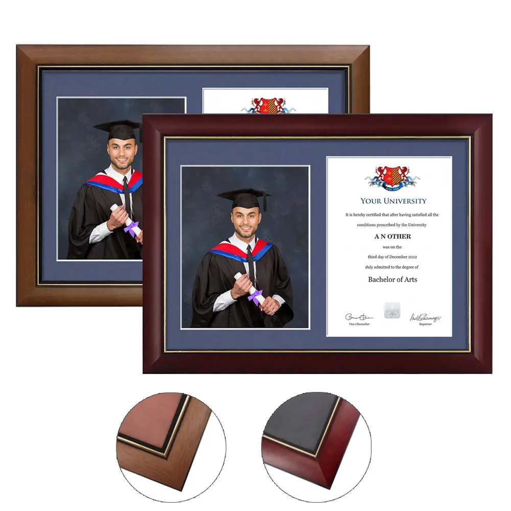 Graduate Diploma Frame - Brown Wooden Frame with Blue Matting and White Inner Slot for Displaying Academic Achievements