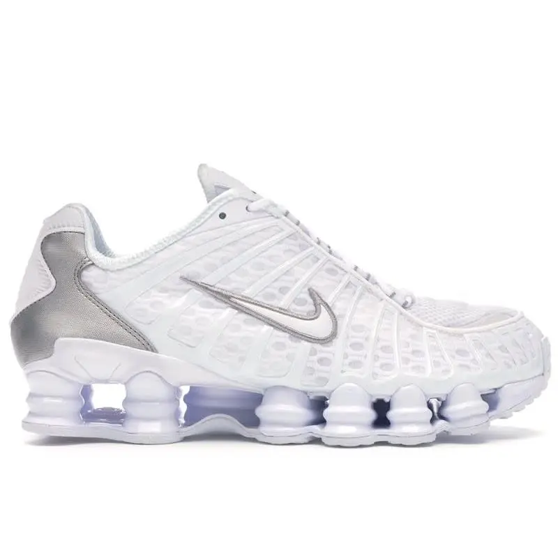 Nike Shox TL White Metallic Silver Men's Sneakers | Iconic Retro Running Shoes Featuring Full-Length Nike Shox Cushioning Columns | Bold Futuristic Design with Breathable Mesh Upper | Premium Lifestyle Footwear for Casual Wear / Streetwear / Everyday
