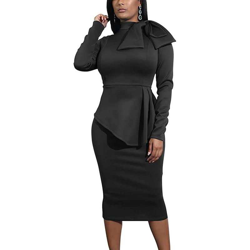 Women's Fashion Peplum Bodycon Long Sleeve Work Dresses Bow Club Ruffle Pencil Formal Cocktail Dress Chic Elegant Womenswear Breathable