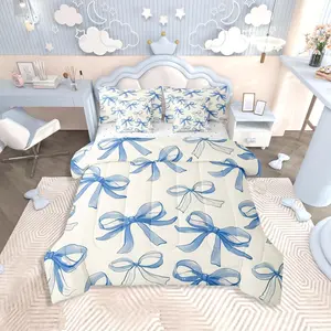 Blue Bow Comforter Set with Sheets,Cute Bowknot Bed in A Bag Bedroom Decor Princess Style 7 Piece Bedding Sets,oft Kawaii Bow Tie Bed Set
