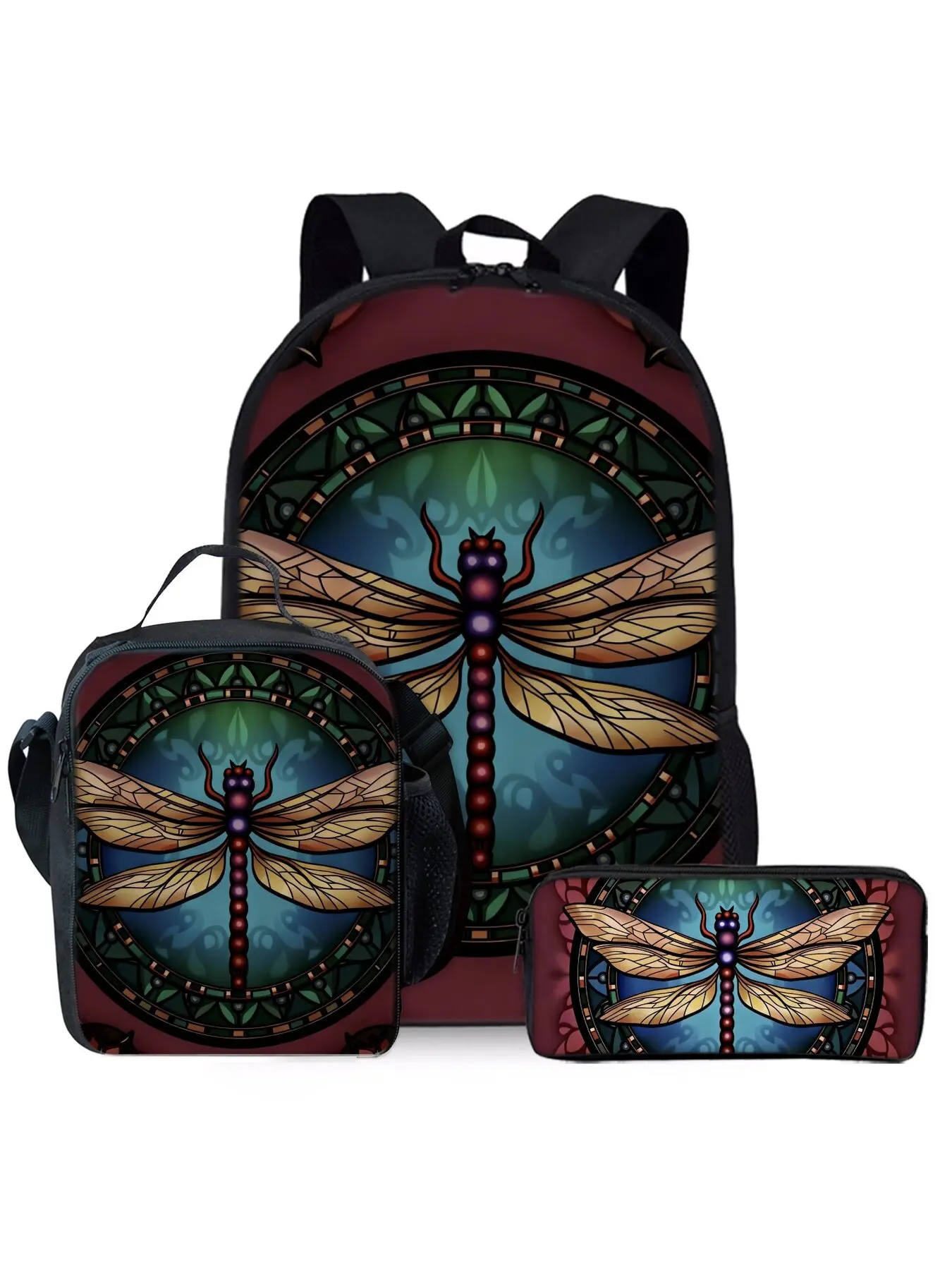 Bohemian Dragonfly Printed Backpack 3-Piece Set Includes Lunch Bag and Pen Case