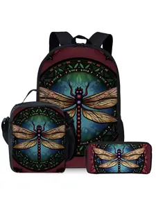 Bohemian Dragonfly Printed Backpack 3-Piece Set Includes Lunch Bag and Pen Case