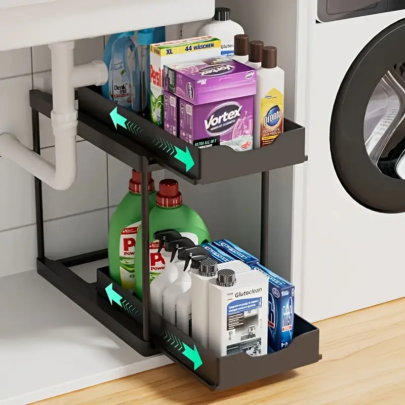 Double Layer Pull Out Drawer Organizer, Black Metal-Look Plastic, Heavy Duty Sliding Shelf, Anti-Slip Design for Kitchen Cabinet & Bathroom Storage