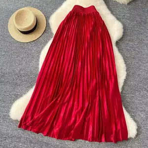 Flow Pleated Satin Maxi Skirt - Red, Elegant, Long, Plain Design, Suitable for All Seasons