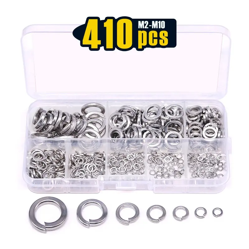410 pcs Spring Lock Washers Assortment Kit, M2-M10 Metric Split Lock Washer Set,304 Stainless Steel Lock Washers for Screws Bolt