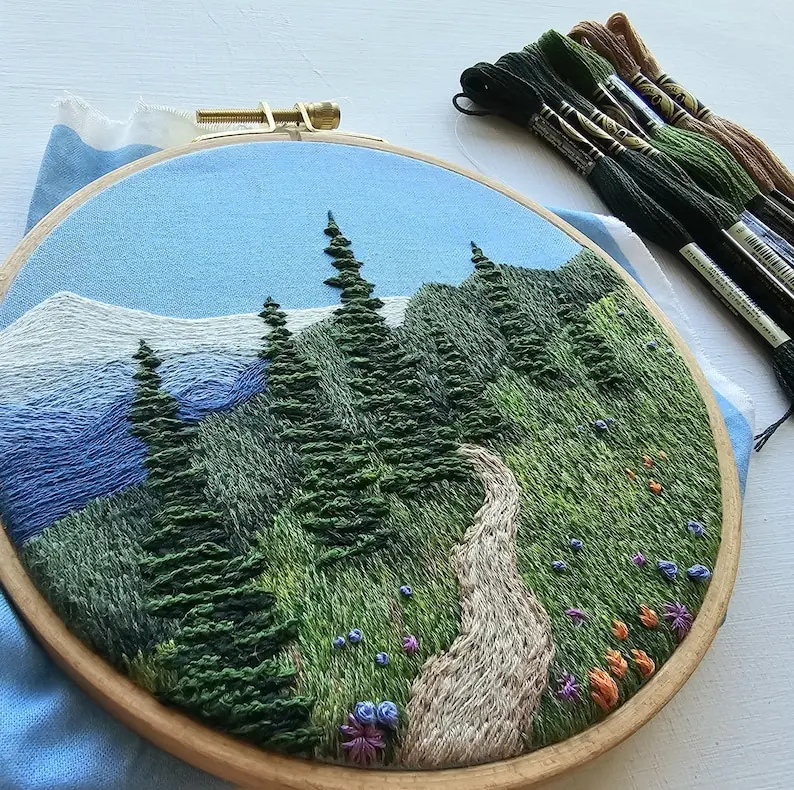 DIY Landscape hand embroidery kit "Happy Trails", intermediate mountain embroidery project with online video tutorial