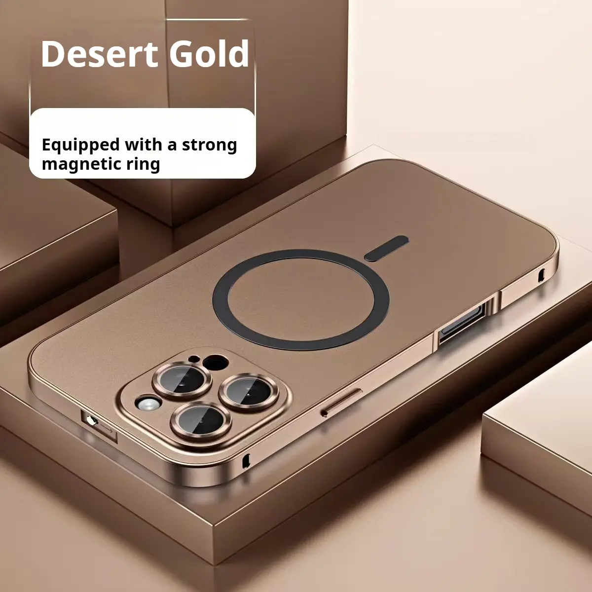 Desert Gold Metal Aluminum Alloy Protective Smartphone Cover, Snap-On Shockproof Full Protection Case with Magnetic Ring for iPhone 17 Pro Max,16 Pro,15,14,13 (Customized Mobile Phone Accessories)