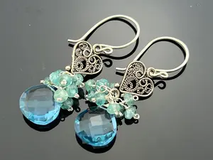 Blue Quartz and Apatite · Filigree Heart Earrings · 925 Sterling Silver · Cluster Dangles · Handmade · Gift for Her
