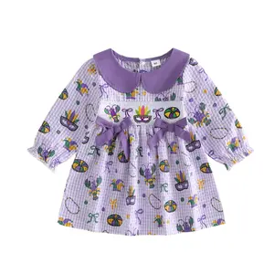 Toddler Girl Mardi Gras Dress Plaid Lobster Print Bow Long Sleeve Doll Collar Smocked A-Line Cute Spring Outfit