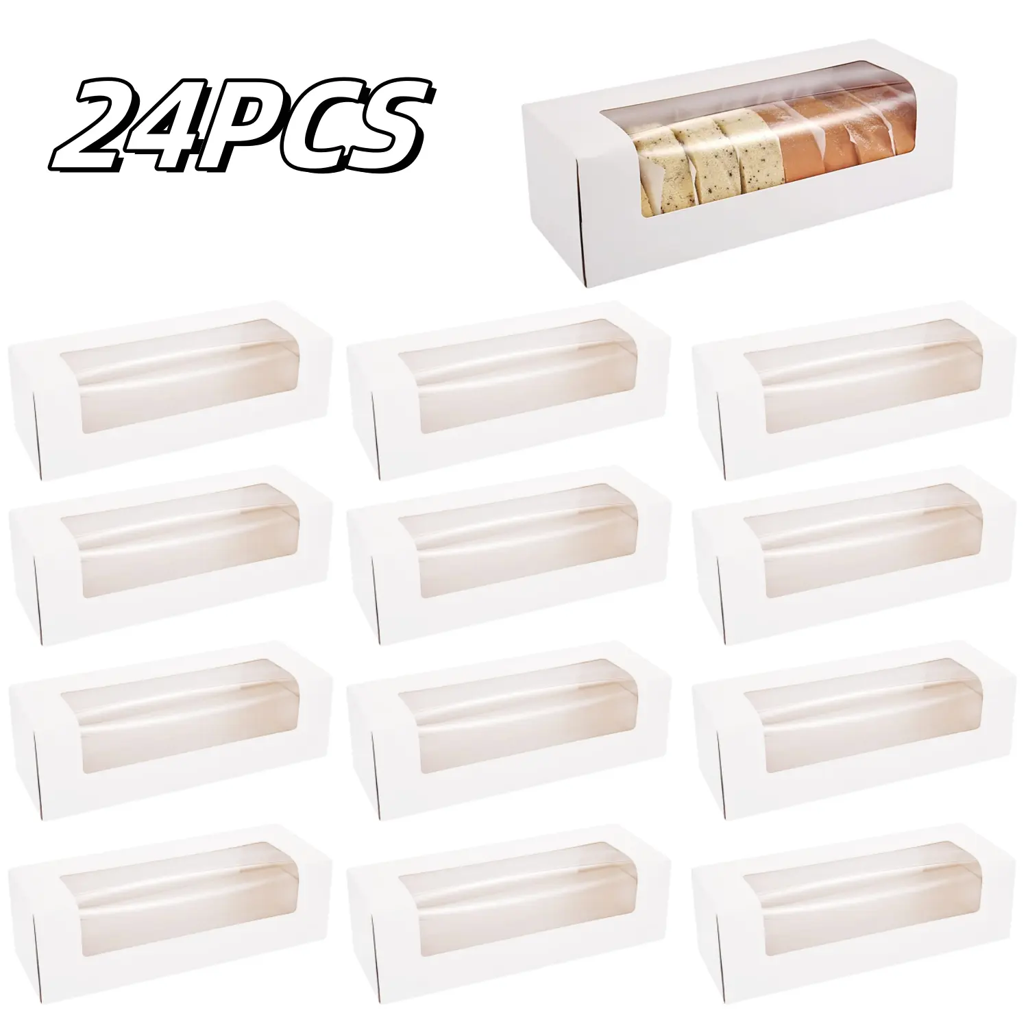 24PCS 12" x 4" x 3.5" Roll Cake Boxes, Loaf Pumpkin Roll Boxes, White Bakery Boxes with Window, Auto-Popup Pastry Boxes