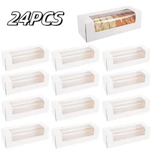 24PCS 12" x 4" x 3.5" Roll Cake Boxes, Loaf Pumpkin Roll Boxes, White Bakery Boxes with Window, Auto-Popup Pastry Boxes
