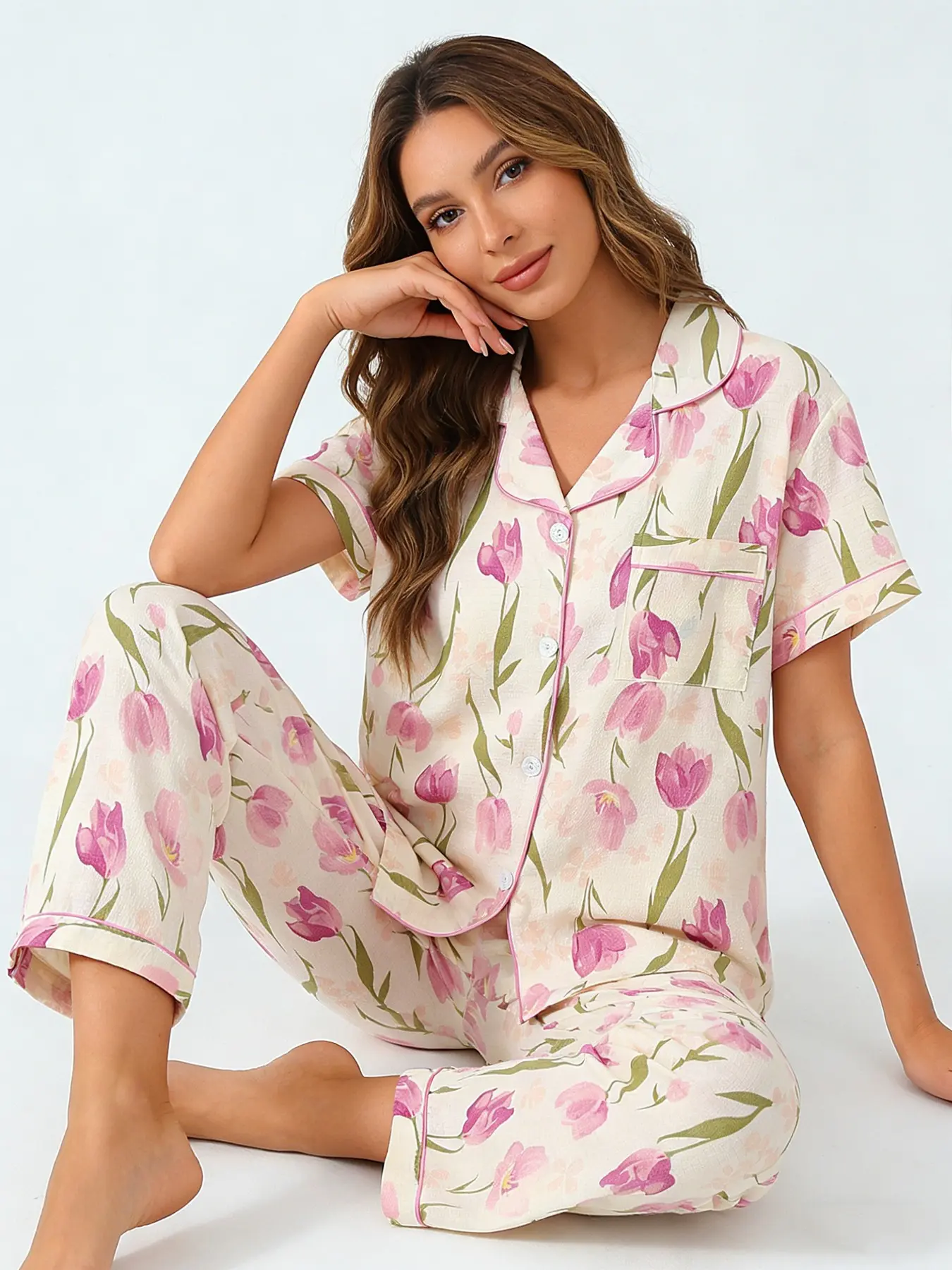 Minimalist Chic French Cream Tulip Pajama Set for Women, Button Down Short Sleeve Long Pants, Spring Summer Lightweight Loungewear, Nightwear, Summer Sleepwear, Floral Print, Cute Home Outfit