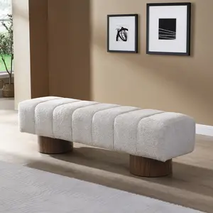 Christopher Knight Home ®   Upholstered Dining Bench for Dining Room, No-Assembly End of Bed Entryway Bench Ottoman for Bedroom Living Room, Beige Faux Fur Fabric Stool Top Wood Leg 300 LBS Weight Capacity