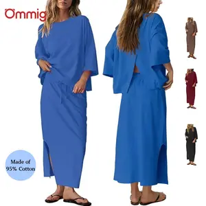 Ommig Womens 2 Piece Outfits Spring& Summer Skirt Sets Stretchy Oversized 3/4 Sleeve Top and Maxi Skirt with pockets and Slits Vacation Matching Lounge
