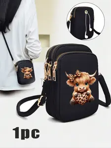 Leopard Print Highland Cow Themed Black Mini Bag, With Mobile Phone Bag, Coin Wallet, Shoulder Bag, Crossbody Purses, Lightweight Odorless Polyester Travel Bag