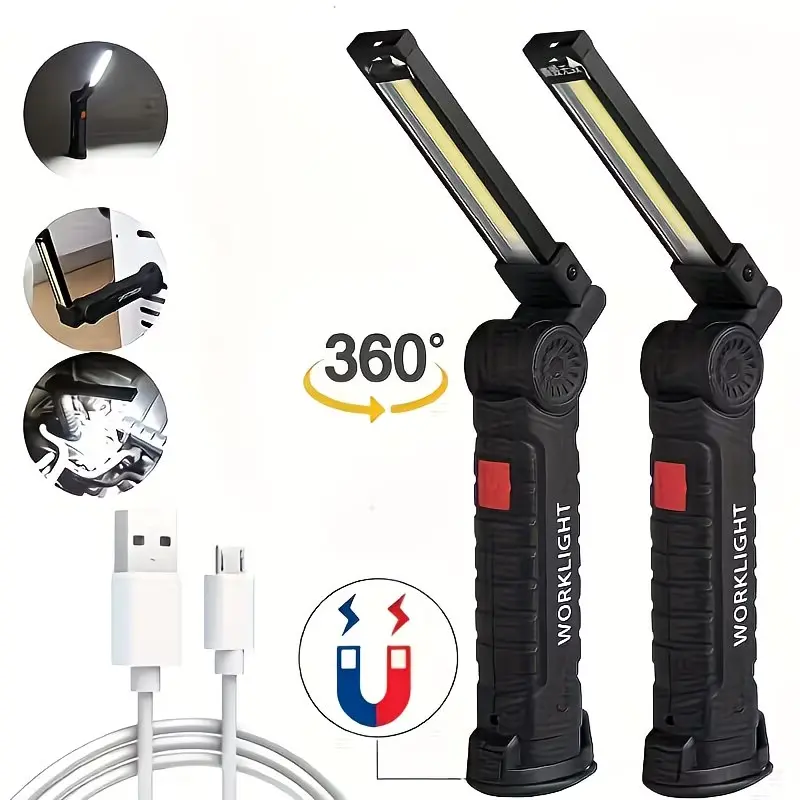 A USB rechargeable LED work light, magnetic flashlight COB work light, handheld portable work light, inspection light, suitable for construction work, outdoor, camping, car repair, barbecue, and emergencies