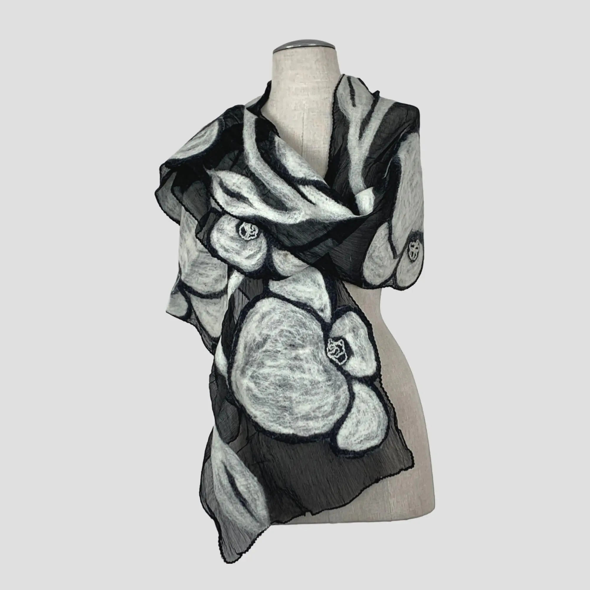 White Big Flower Merino Wool & Silk Felted Scarf
