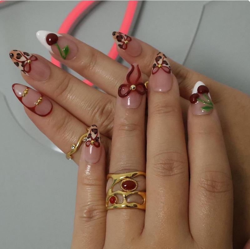 Press On Nails Wild Cherry Leopard | 3D Bow & Cherry Accents in Medium Almond | Handmade Bold Nail Art for Holiday, Party, Birthday