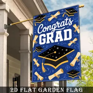 1pc Double-Sided Graduation Garden Flag with Golden Lettering Cap Design Vibrant Blue Golden Polyester Outdoor/Indoor Decoration for Graduation Parties Yard Front Door No Electricity Needed Durable All-Weather Celebration Flag